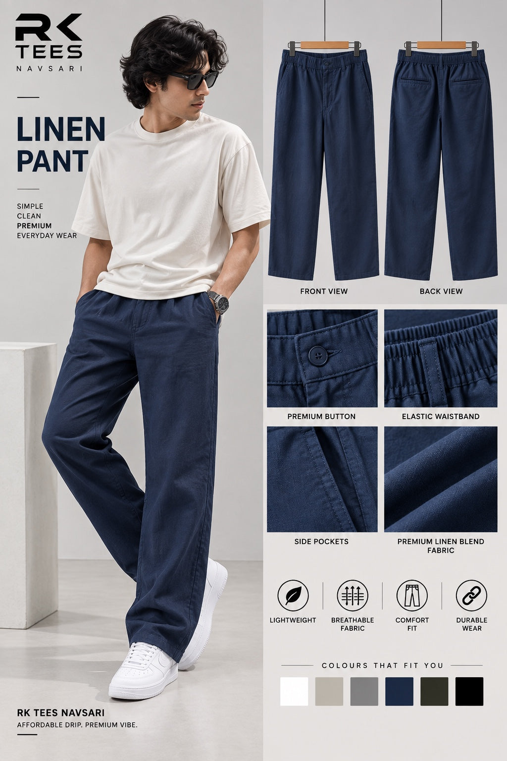 RK TEES Navy Blue Linen Pant model and product details