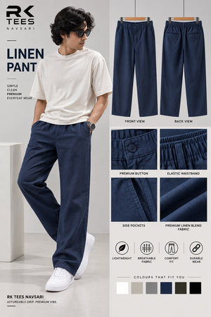 RK TEES Navy Blue Linen Pant model and product details