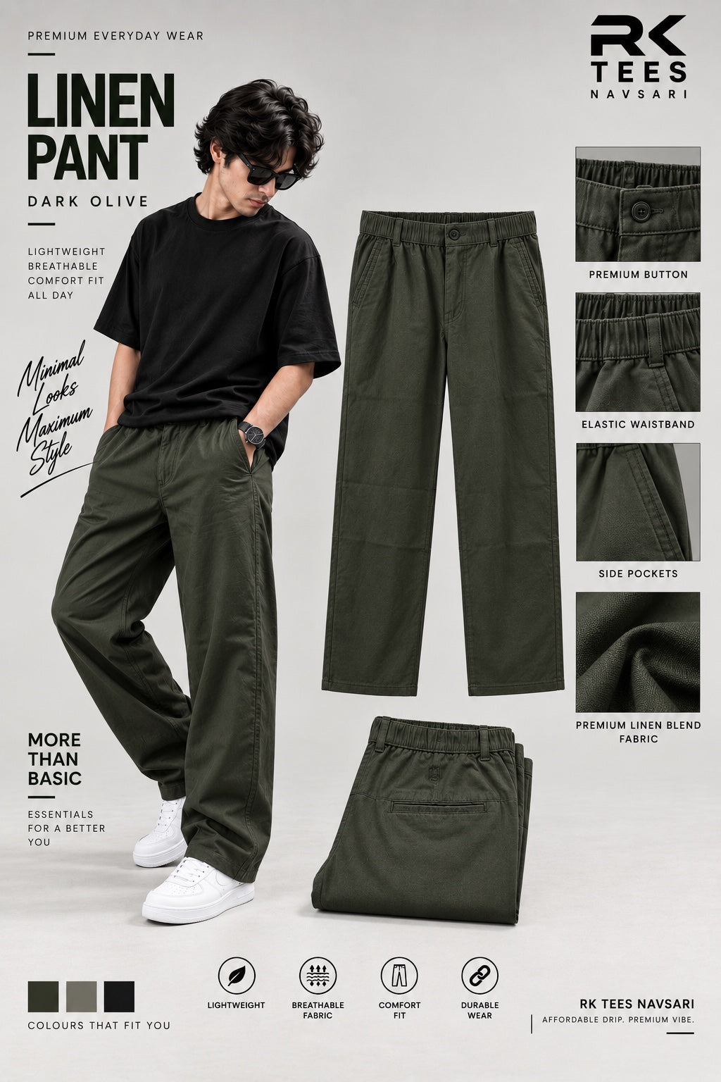 RK TEES Olive Linen Pant premium product poster