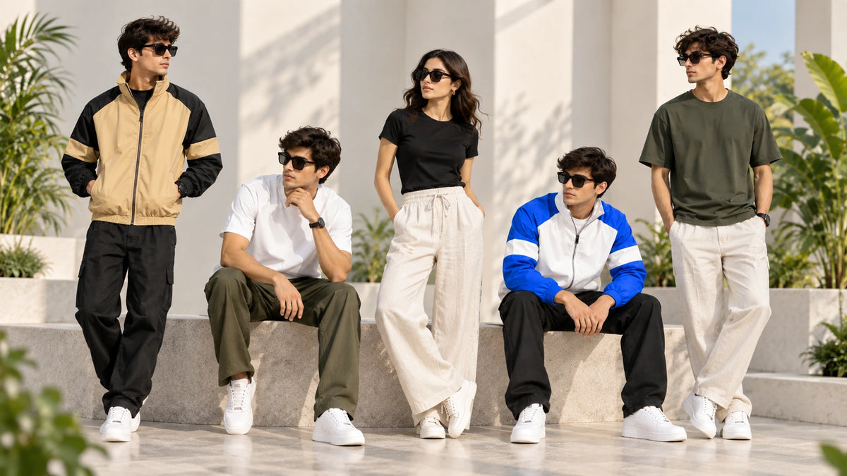 RK TEES collection featuring colourblock jackets, T-shirts and linen pants in a sunlit courtyard